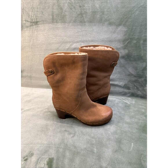 Y2K UGG Boots Lynnea Womens Sz 7 Fold Over Tan Suede Shearling Lined Clogs 3204 - Picture 9 of 9